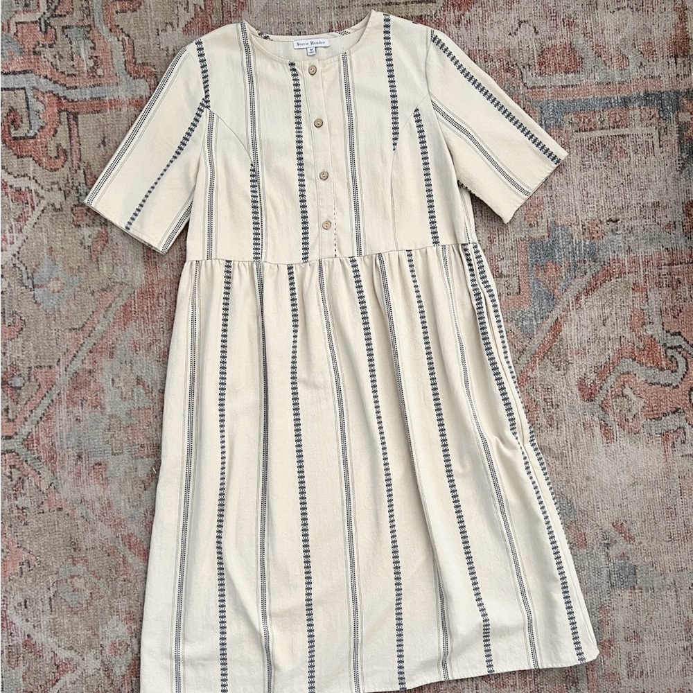 Stevie Hender Beige and Navy Striped Midi Dress
